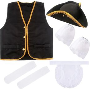 6 Pcs Kids Pirate Tricorn Hat Costume Set Pirate Colonial Vest Tricorn Hat White Colonial Lace Socks Lace Collar for Boys Halloween Masquerade Party Cosplay
