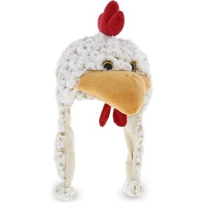 Dollibu White Rooster Plush Hat - Super Soft Warm Hat with Ear Flaps, Funny Plush Party Crazy Hat, Stuffed Animal Chicken Halloween Costume Toy Hat, Cozy Fleece Winter Hat for Kids & Teens - One Size