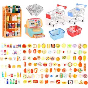 136 PCs Mini Shopping Cart Basket Miniature Food Drink Bottle Supermarket Metal Handcart Toys Doll House Store Cosplay Game Dollhouse Grocery Trolley Model Dollar Bills Small Shelves Cash Register ﻿