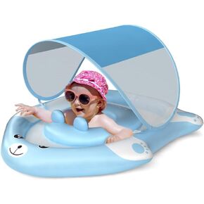 Swimming Float Ring with Removable Sun Protection Canopy,Anti-Slip Crotch Inflatable Baby Swimming Float with Sponge Safety Bottom,Toddler for Age of 3-36 Months in Saudi Arabia