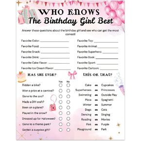 Who Knows The Birthday Girl Best, Birthday Would She Rather, Birthday Game Cards for Girls Her Sleepover Party - 5.5 * 7 inch Set of 20 (Pink)