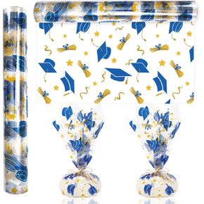 Whaline Graduation Cellophane Wrap Roll 100Ft x 16In 2.5Mil Blue Gold Grad Cap Cellophane Paper Clear Cello Wrapping Paper for Treat Basket Party Favor