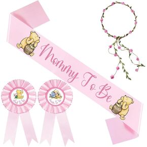 Winnie Baby Shower Sash Mom to Be Sash and Dad to Be Pin Flower Crown for Gender Reveals Party Classic Baby Shower Girls Pregnancy Props Gift