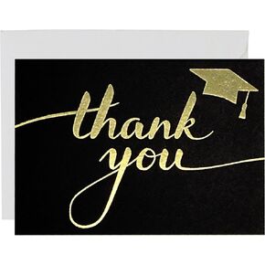 50 Bulk Pack Graduation Thank You Cards with Envelopes Mini Blank Grad Greeting Note Card Black with Gold Foil Graduate Cap Design 3.75 x 2.6 Inches for Class of 2025 High School College