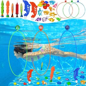 ألعاب Jasonwell Pool Toys Rings - 28pcs سباحة من خلال حلقات حمام السباحة ألعاب الغوص مع خاتم الغوص تحت الكنوز تحت الماء ، طوربيد ، ألعاب السباحة المائية للمياه المرح للأولاد