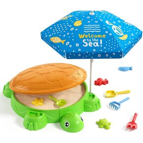 Turtle Sandbox with Lid, Sand Pit with Adjustable Umbrella & 8pcs Beach Toys for Toddler 3-5, Kids Sand Box with Cover Suit for Sensory Playsand, Summer Gifts for Indoor Outdoor Backyard
