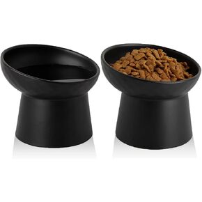 Ceramic Raised Mushroom Cat Bowl Set, Cute Elevated Cat Bowls Whisker Friendly, Raised Cat Dish for Food and Water, Red+Yellow 6" Wide for Adult Cats, Small Dog