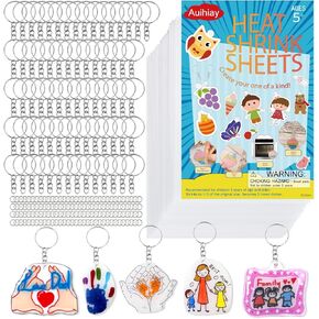 Auihiay 325PCS Shrink Plastic Sheets Kit - 25PCS Shrink Sheets + 100 Keychains and 200 Open Iron Ring, DIY Shrinky Paper Art Supplies for Jewelry, Keychain Making, DIY Mother's Day Crafts Gifts