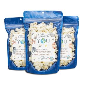 Space Birthday Popcorn Bag & Sticker Favors (First Birthday Blue Stand up Bags & Stickers)
