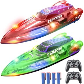 DEERC 2 Pack 13 Intreg Boat For Kids ، 4 بطاريات ، قارب سباق RC 2.4 جيجا هرتز مع مصابيح LED للمسابح والبحيرات ، هدية ألعاب المياه الصيفية للأولاد 8-12