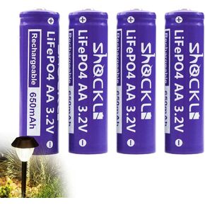 6 Pack- Shockli AA 3.2V LiFePo4 650mAh Solar Battery, AA 3.2 Volts Solar Rechargeable Batteries for Solar Garden Light