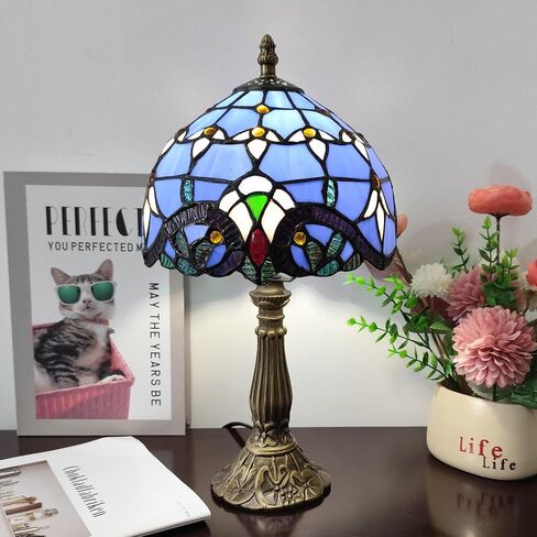 Tiffany Table Lamp 3-Way Light Handmade Bedside Lamp Small Desk Night Lamp Stained Glass Antique 15inch Tall Desk Light for Home Office Bedroom Living Room Study Room, Blue in Kuwait