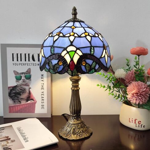 Tiffany Table Lamp 3-Way Light Handmade Bedside Lamp Small Desk Night Lamp Stained Glass Antique 15inch Tall Desk Light for Home Office Bedroom Living Room Study Room, Blue in Kuwait