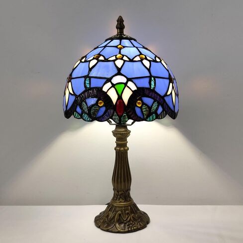 Tiffany Table Lamp 3-Way Light Handmade Bedside Lamp Small Desk Night Lamp Stained Glass Antique 15inch Tall Desk Light for Home Office Bedroom Living Room Study Room, Blue in Kuwait