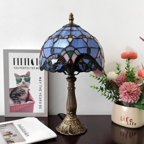 Tiffany Table Lamp 3-Way Light Handmade Bedside Lamp Small Desk Night Lamp Stained Glass Antique 15inch Tall Desk Light for Home Office Bedroom Living Room Study Room, Blue in Kuwait