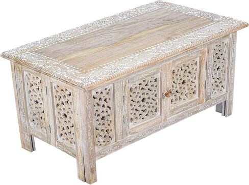 طاولة قهوة خشبية منحوتة يدويًا-36 "× 18" طاولة مركزية مركزية مستطيلة مع التخزين ، والانتهاء من أبيض ، وغرفة معيشة وطاولة لهجة in Kuwait