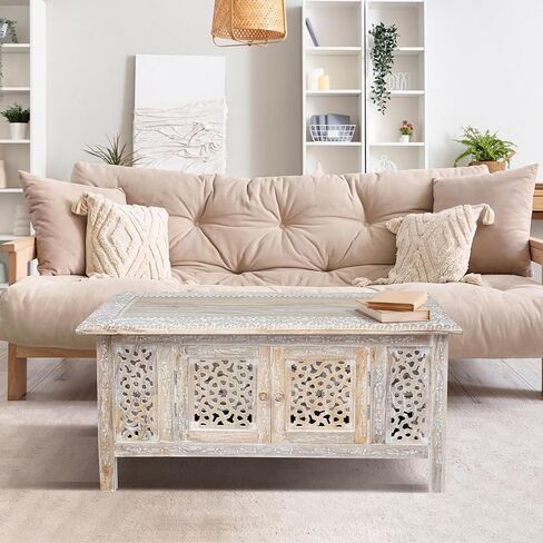 طاولة قهوة خشبية منحوتة يدويًا-36 "× 18" طاولة مركزية مركزية مستطيلة مع التخزين ، والانتهاء من أبيض ، وغرفة معيشة وطاولة لهجة in Kuwait