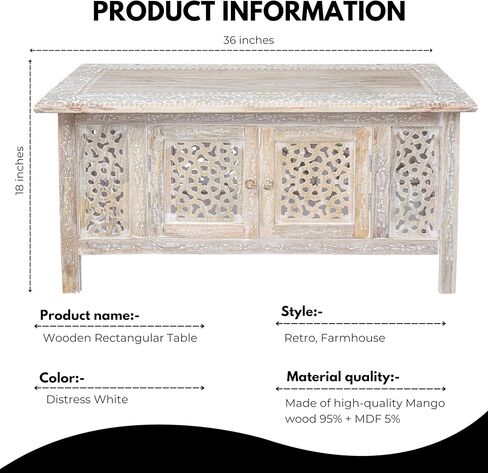 طاولة قهوة خشبية منحوتة يدويًا-36 "× 18" طاولة مركزية مركزية مستطيلة مع التخزين ، والانتهاء من أبيض ، وغرفة معيشة وطاولة لهجة in Kuwait