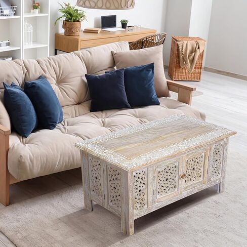 طاولة قهوة خشبية منحوتة يدويًا-36 "× 18" طاولة مركزية مركزية مستطيلة مع التخزين ، والانتهاء من أبيض ، وغرفة معيشة وطاولة لهجة in Kuwait