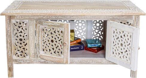 طاولة قهوة خشبية منحوتة يدويًا-36 "× 18" طاولة مركزية مركزية مستطيلة مع التخزين ، والانتهاء من أبيض ، وغرفة معيشة وطاولة لهجة in Kuwait