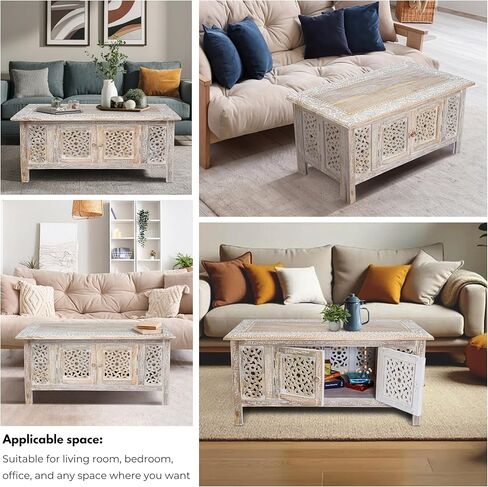 طاولة قهوة خشبية منحوتة يدويًا-36 "× 18" طاولة مركزية مركزية مستطيلة مع التخزين ، والانتهاء من أبيض ، وغرفة معيشة وطاولة لهجة in Kuwait