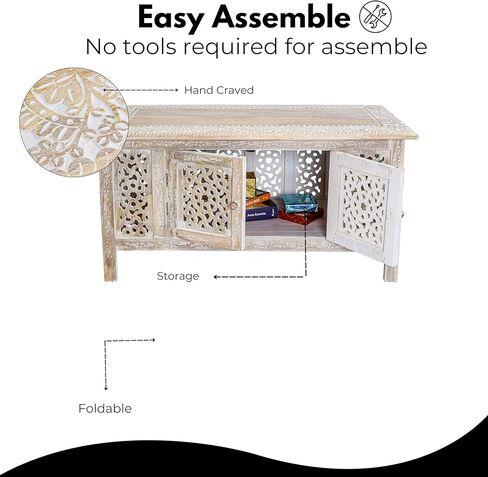 طاولة قهوة خشبية منحوتة يدويًا-36 "× 18" طاولة مركزية مركزية مستطيلة مع التخزين ، والانتهاء من أبيض ، وغرفة معيشة وطاولة لهجة in Kuwait