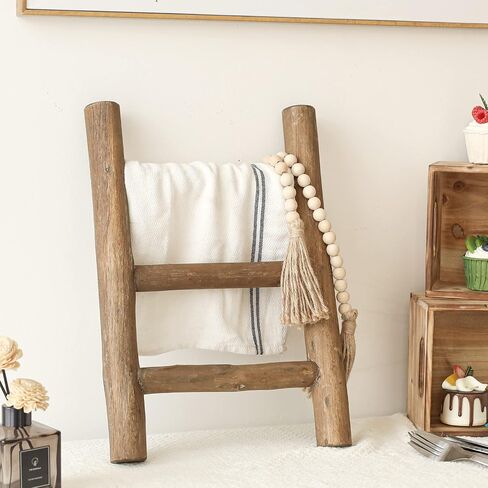 FUIN Fully Assembled Wooden Tea Towel Ladder, Mini Ladder Towel Rack Display Hanger, Small Rustic Farmhouse Tea Towel Stand Holder for Country Bathroom Decor, Brown in Saudi Arabia