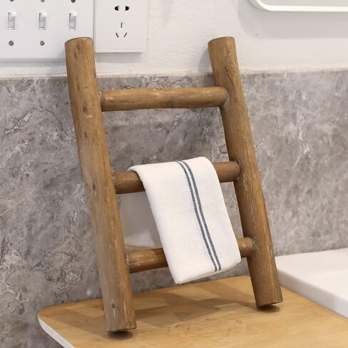 FUIN Fully Assembled Wooden Tea Towel Ladder, Mini Ladder Towel Rack Display Hanger, Small Rustic Farmhouse Tea Towel Stand Holder for Country Bathroom Decor, Brown in Saudi Arabia