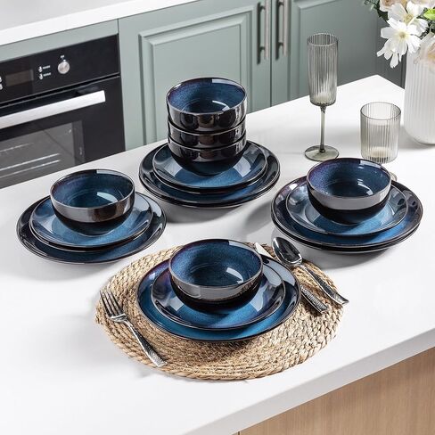 LeRatio Ceramic Dinnerware Sets for 6,18-Piece Plates and Bowls,Handmade Reactive Glaze Dishes Set,Chip Resistant and Scratch Resistant | Oven Dishwasher & Microwave Safe,Service for 6-Kahki in Kuwait