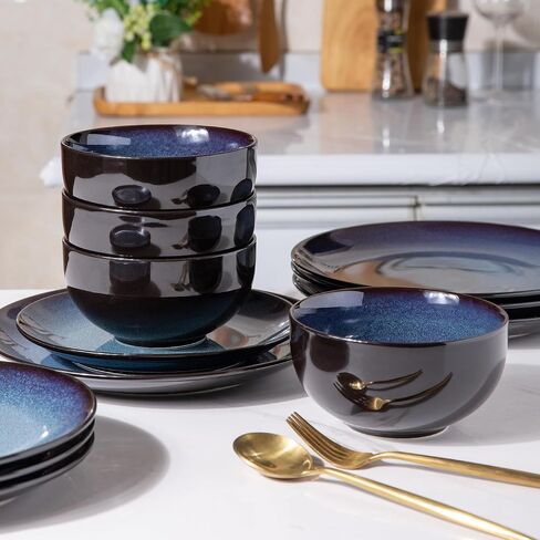LeRatio Ceramic Dinnerware Sets for 6,18-Piece Plates and Bowls,Handmade Reactive Glaze Dishes Set,Chip Resistant and Scratch Resistant | Oven Dishwasher & Microwave Safe,Service for 6-Kahki in Kuwait