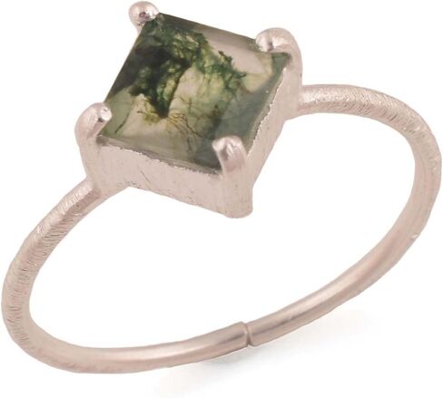 Natural Moss Agate Crystals Rings, Cabochon Gemstone, Adjustable Ring, Energy Healing Crystals, Birthday, Gift for Her, Gemstone Jewelry for Women AAA+ Quality (baguette) in Saudi Arabia