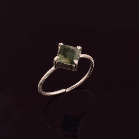 Natural Moss Agate Crystals Rings, Cabochon Gemstone, Adjustable Ring, Energy Healing Crystals, Birthday, Gift for Her, Gemstone Jewelry for Women AAA+ Quality (baguette) in Saudi Arabia