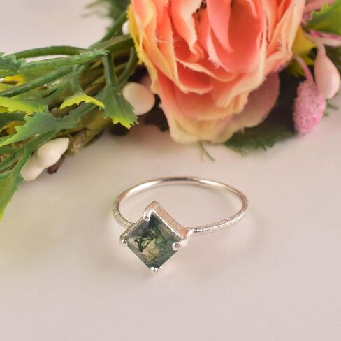 Natural Moss Agate Crystals Rings, Cabochon Gemstone, Adjustable Ring, Energy Healing Crystals, Birthday, Gift for Her, Gemstone Jewelry for Women AAA+ Quality (baguette) in Saudi Arabia