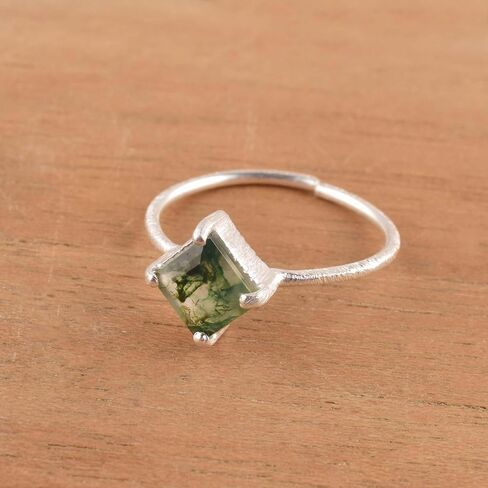 Natural Moss Agate Crystals Rings, Cabochon Gemstone, Adjustable Ring, Energy Healing Crystals, Birthday, Gift for Her, Gemstone Jewelry for Women AAA+ Quality (baguette) in Saudi Arabia