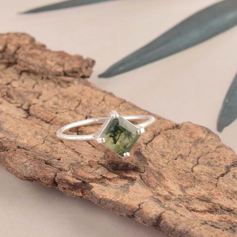 Natural Moss Agate Crystals Rings, Cabochon Gemstone, Adjustable Ring, Energy Healing Crystals, Birthday, Gift for Her, Gemstone Jewelry for Women AAA+ Quality (baguette) in Saudi Arabia