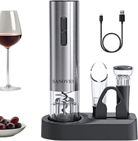 6-in-1 Electric Wine Bottle Opener Set with Pourer,Foil Cutter, Stopper,Storage base Rechargeable USB-C Wine Opener Kit for Weddings, Restaurant, Outdoor Party, Wine Serving System(Black) in Saudi Arabia