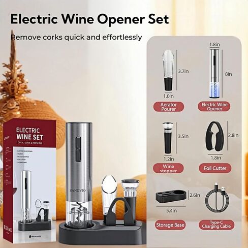 6-in-1 Electric Wine Bottle Opener Set with Pourer,Foil Cutter, Stopper,Storage base Rechargeable USB-C Wine Opener Kit for Weddings, Restaurant, Outdoor Party, Wine Serving System(Black) in Saudi Arabia
