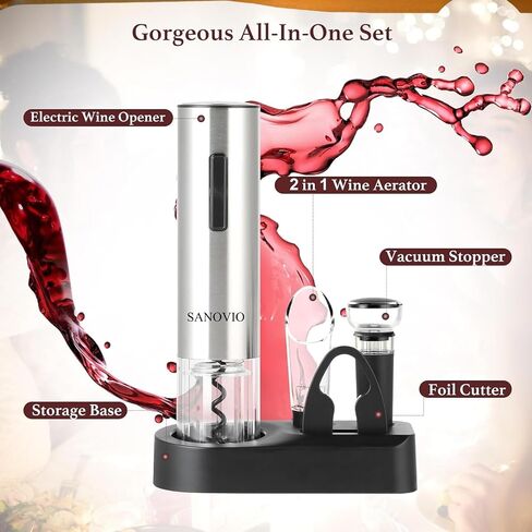 6-in-1 Electric Wine Bottle Opener Set with Pourer,Foil Cutter, Stopper,Storage base Rechargeable USB-C Wine Opener Kit for Weddings, Restaurant, Outdoor Party, Wine Serving System(Black) in Saudi Arabia