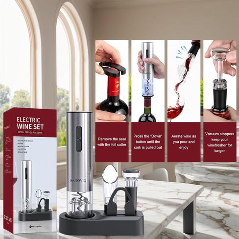 6-in-1 Electric Wine Bottle Opener Set with Pourer,Foil Cutter, Stopper,Storage base Rechargeable USB-C Wine Opener Kit for Weddings, Restaurant, Outdoor Party, Wine Serving System(Black) in Saudi Arabia