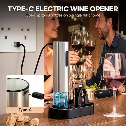 6-in-1 Electric Wine Bottle Opener Set with Pourer,Foil Cutter, Stopper,Storage base Rechargeable USB-C Wine Opener Kit for Weddings, Restaurant, Outdoor Party, Wine Serving System(Black) in Saudi Arabia