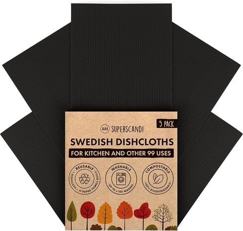 Superscandi 5 Pack Swedish Dishcloths للمطبخ - 100 ٪ قابلة للتحلل وقابل للتحلل | المناشف الورقية القابلة لإعادة الاستخدام قابلة للغسل ، آمنة من الطعام وبدون خرق من البلاستيك - أطباق مناسبة لأي سطح | قسط ، أسود in Kuwait