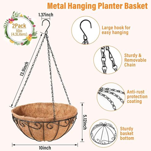 LEGIGO 3 Pack 10 بوصة سلال معلقة معدنية للنباتات في الهواء الطلق- سلك المزارعون معلقة سلة مع بطانة جوز الهند ، وعاء زهرة معلق للنباتات في الهواء الطلق زهور حديقة الزخارف in Kuwait