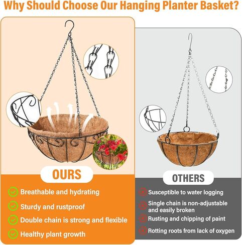 LEGIGO 3 Pack 10 بوصة سلال معلقة معدنية للنباتات في الهواء الطلق- سلك المزارعون معلقة سلة مع بطانة جوز الهند ، وعاء زهرة معلق للنباتات في الهواء الطلق زهور حديقة الزخارف in Kuwait