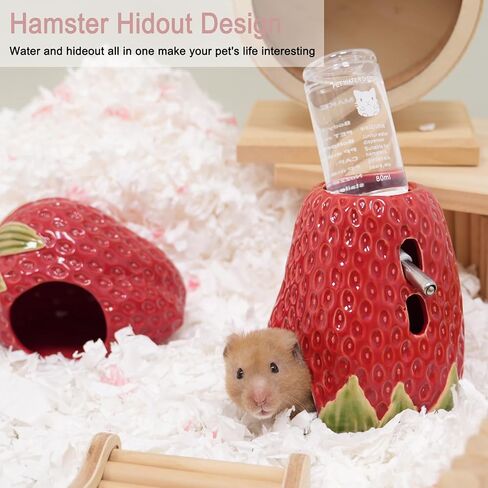 Hamster Water Bottle, Strawberry Ceramic Hamster Water Bottle for Glass Tank, 80ML Water Bottle Holder with 2 No Drip Caps for Syrian Dwarf Hamster Mice Gerbil in Saudi Arabia