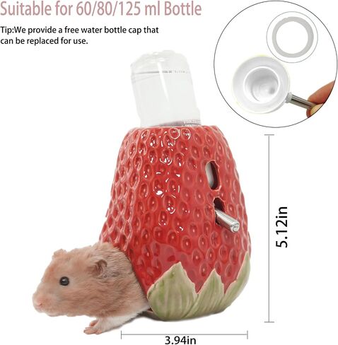 Hamster Water Bottle, Strawberry Ceramic Hamster Water Bottle for Glass Tank, 80ML Water Bottle Holder with 2 No Drip Caps for Syrian Dwarf Hamster Mice Gerbil in Saudi Arabia