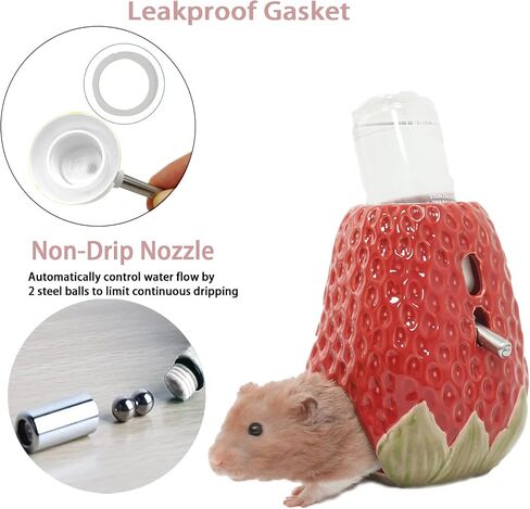 Hamster Water Bottle, Strawberry Ceramic Hamster Water Bottle for Glass Tank, 80ML Water Bottle Holder with 2 No Drip Caps for Syrian Dwarf Hamster Mice Gerbil in Saudi Arabia