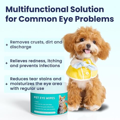Pet Eye Wipes for Dogs & Cats, Tear Stain Remover Dog Wipes for Discharge & Crust, Cat Eye Cleaning Wipes for Face & Eyelids, 100 Hypoallergenic Wipes with Wrinkle Care (Better with Dog Eye Drops) in Saudi Arabia