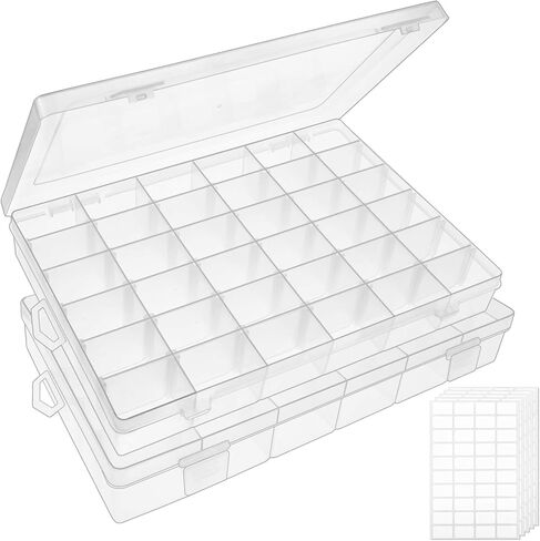 OUTUXED 2 Pack 36 Grids Clear Plastic Bead Organizer Box, Fishing Tackle Box Compartment Organizer with Adjustable Dividers for Jewelry, Art Craft, Bead Storage Containers with 5 Sheets Label Stickers in Saudi Arabia