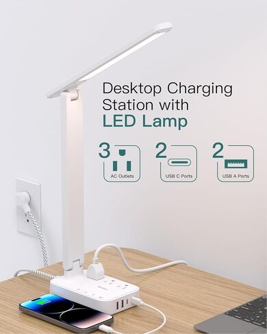 Addtam LED Desk Lamp, Power Strip with 3 Outlets 4 USB Charging Ports(2 USBC), 4 Modes 5 Level Brightness Touch Lamp, Small Desk Lamp for Home Office College Dorm Room Essentials in Kuwait