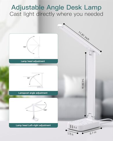 Addtam LED Desk Lamp, Power Strip with 3 Outlets 4 USB Charging Ports(2 USBC), 4 Modes 5 Level Brightness Touch Lamp, Small Desk Lamp for Home Office College Dorm Room Essentials in Kuwait